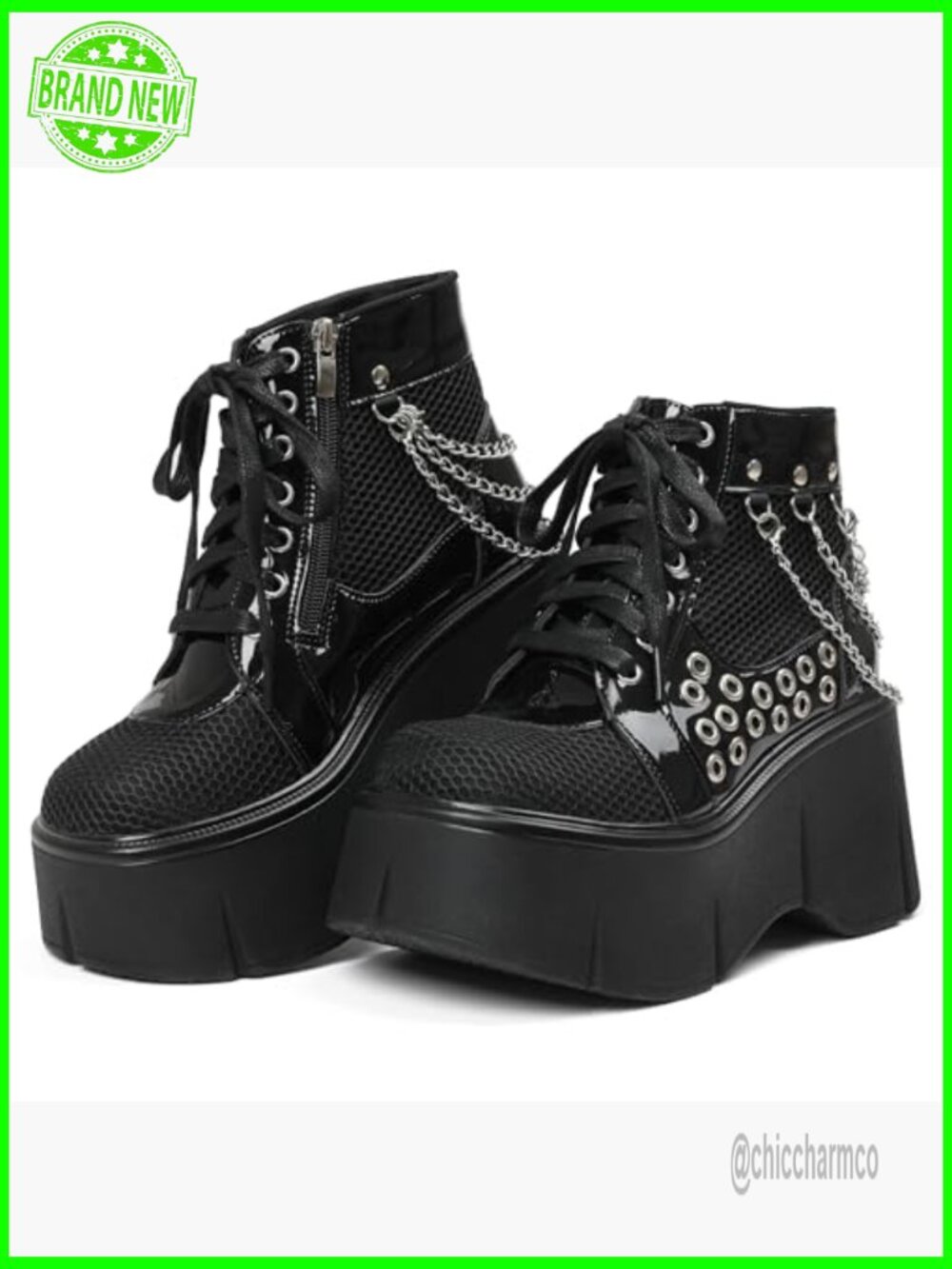 Wedge Platform Lace Up Chain Mesh Combat Ankle Booties Punk Goth - Picture 7 of 7